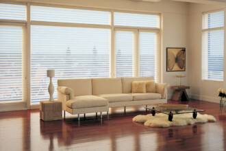 Silhouette Easy Rise shades in modern living room with large windows